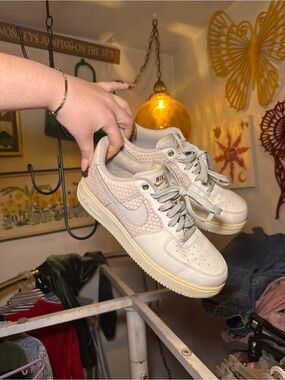 Nike Women’s Cream and Pink Low-Top Air Force 1 Sneakers